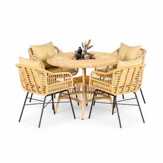 5 tlg. Hochwertiges Rattan Set Garten Möbel Essgruppe Esstisch Stühle Modern Lux