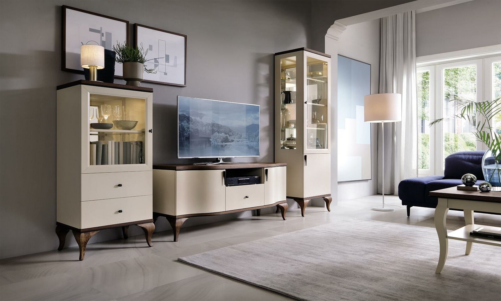 Klassische Wohn Deko Wand Wohnzimmer Vitrine Sideboard RTV Regal Wände