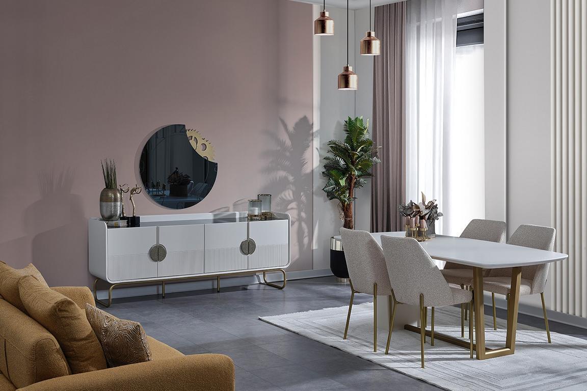 Weiße Holz Esszimmer Garnitur Designer Esstisch 4x Polsterstühle 7tlg