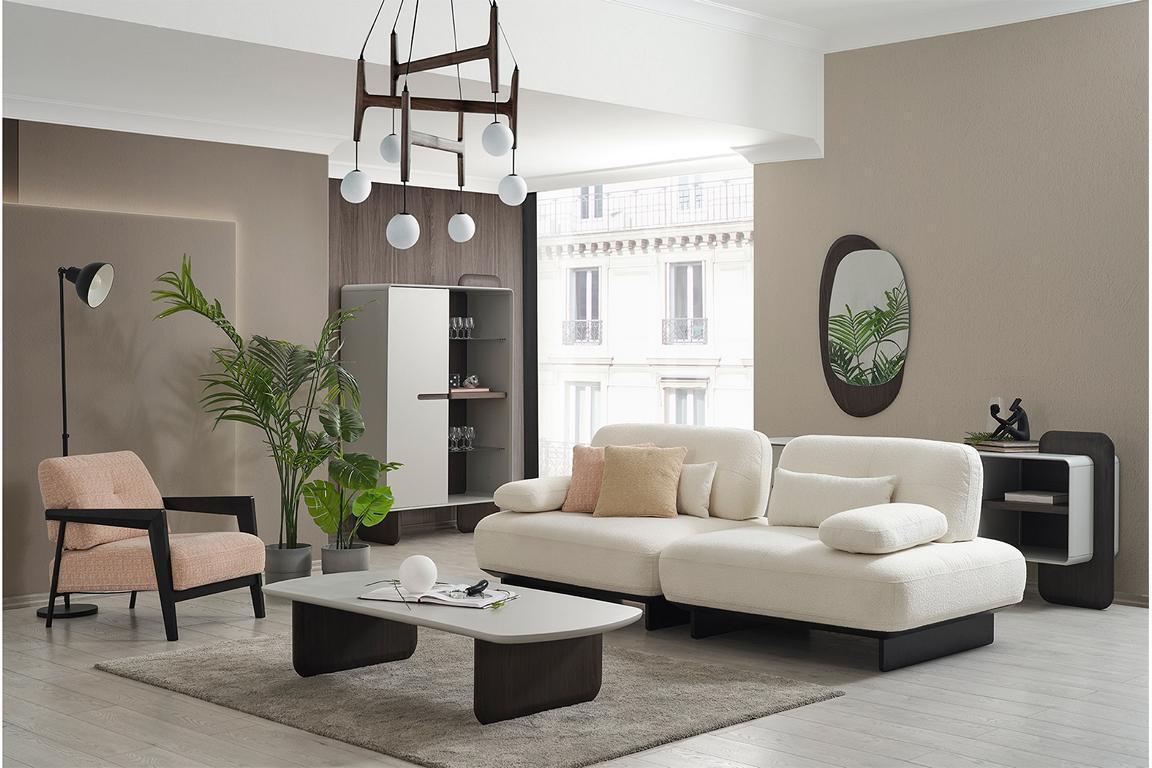 Elegantes Wohnzimmer Set Weißes Polstersofa Textil Sessel Couchtisch