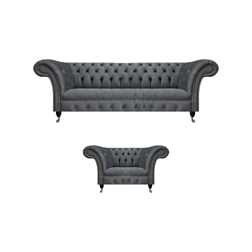 Exklusive Graue Chesterfied Garnitur Designer Sessel Moderner 3-Sitzer
