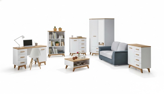 6 tlg. Büro Set Garnitur Möbel Schreibtisch Tisch Kommode Schrank Regal