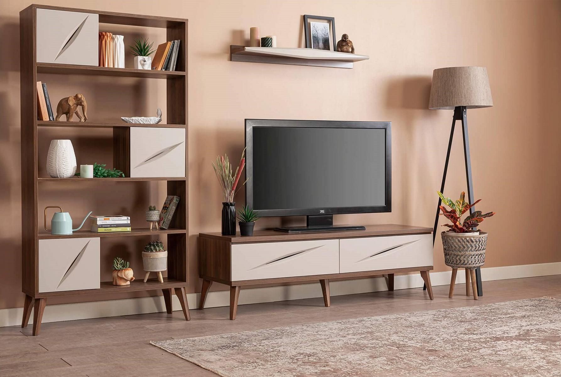 Wohnwand Wohnzimmer Set 3tlg TV Ständer Luxus Bücherregal Wandregal Schrankwand