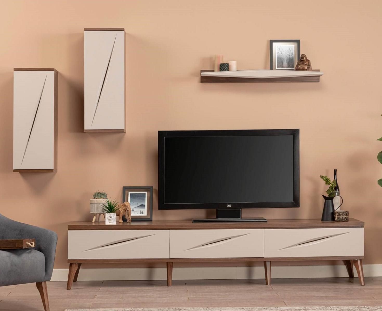 Wohnwand Wohnzimmer Set TV Ständer Design 2x Wandschrank Regal Schrank