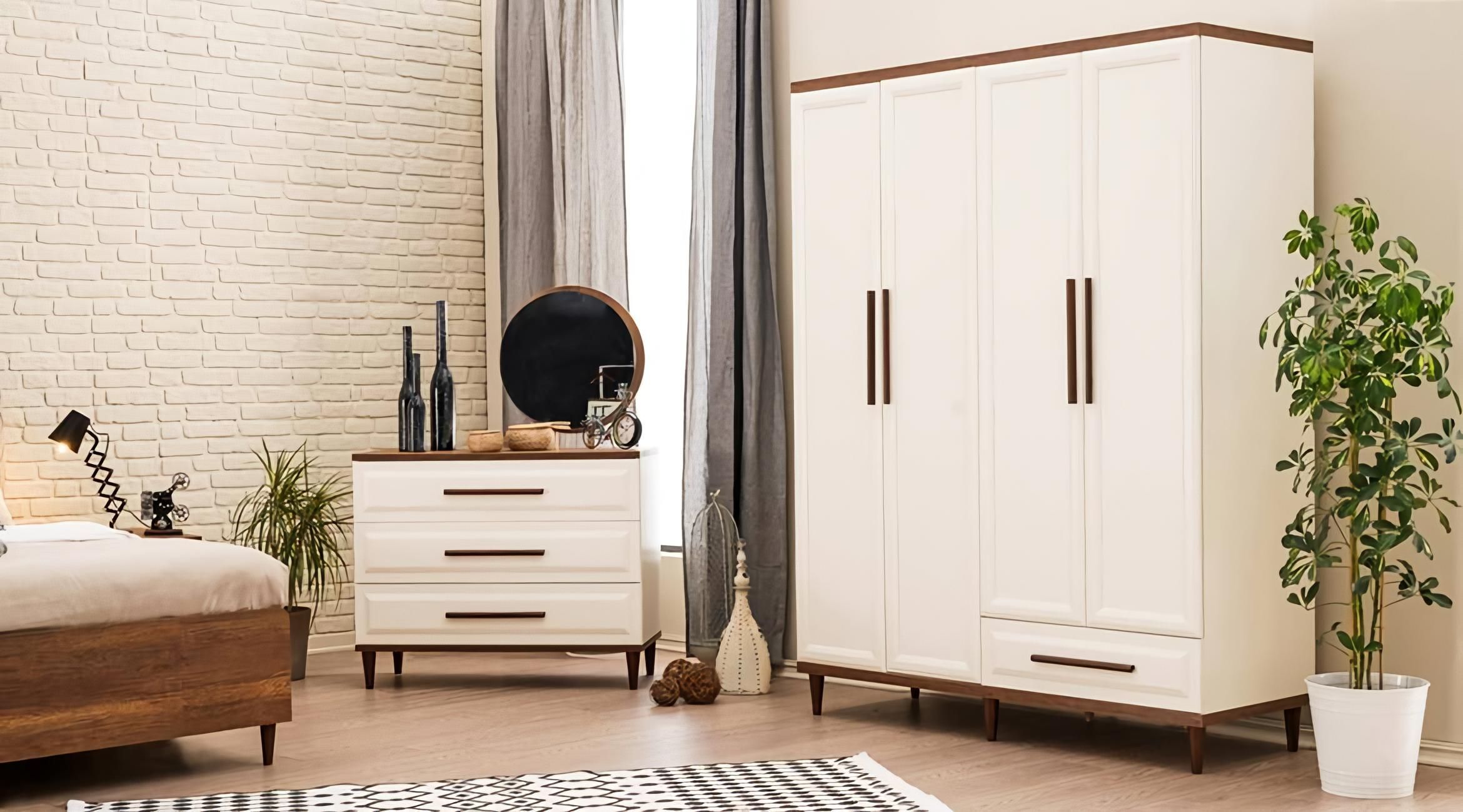 Schlafzimmer Set 3tlg Holzmöbel Kommode + Spiegel Modern Kleiderschrank