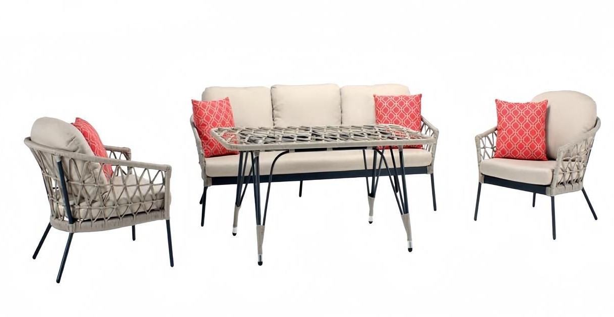 Sofagarnitur Beige Rattan Luxuriöse Sofa 3 Sitzer Moderner 2x Sessel Couchtisch