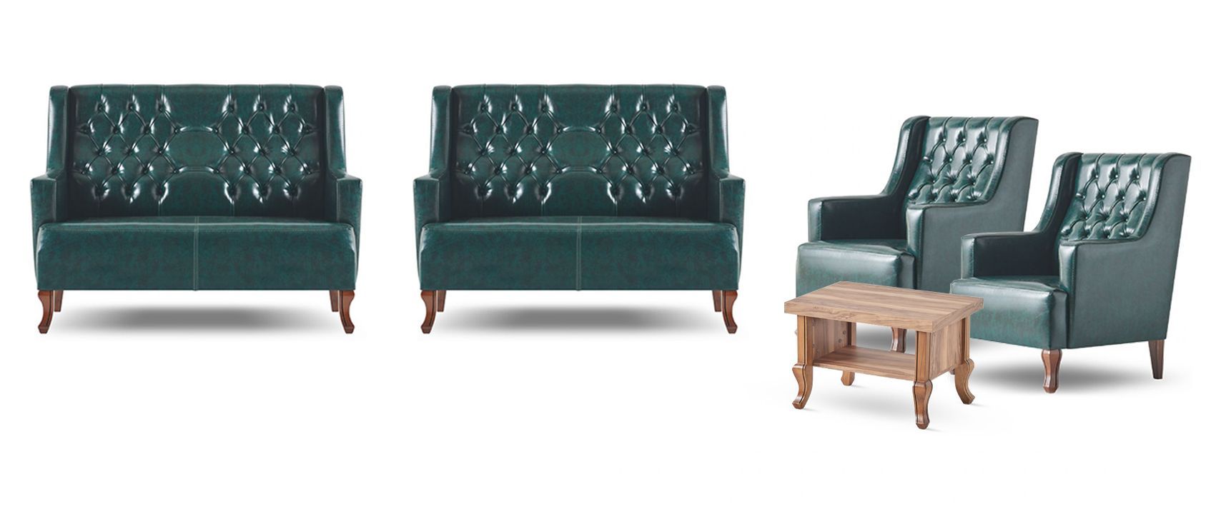 Sofa-Set Klassisch Grün Chesterfield Set 2-Sitzer Sessel Couchtisch Leder