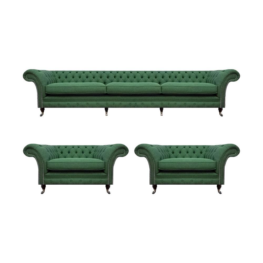 Wohnzimmer Chesterfield Garnitur Grüner 3-Sitzer 2x Sessel 3tlg Edel Set