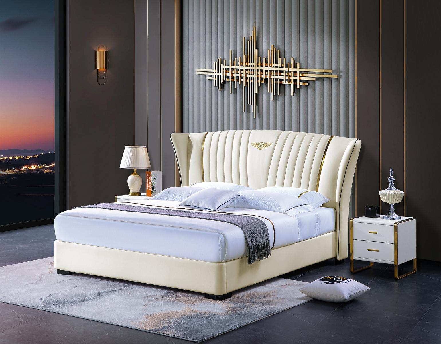 Bett Schlafzimmer Nachttisch Komplettes Set Garnitur 3tlg. Holz Leder Betten