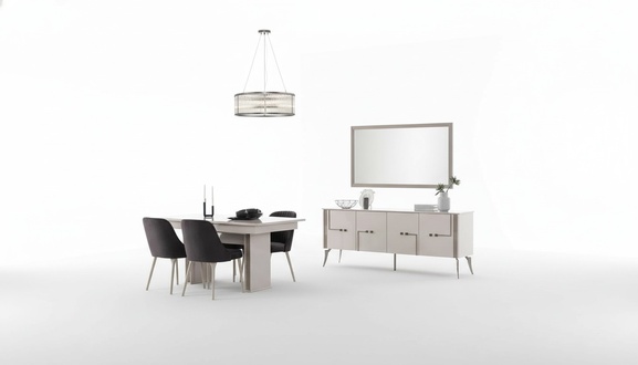 Altweiße Esszimmer Garnitur Großer Esstisch 4x Textil Stühle Sideboard