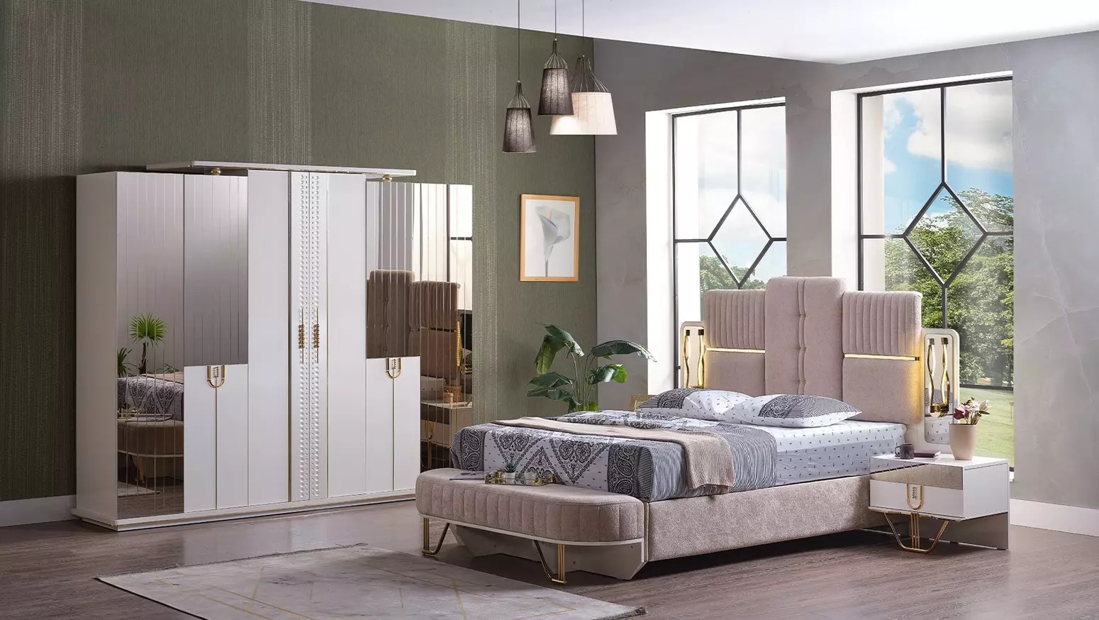 Luxus Schlafzimmer Set 5 tlg. Bett 2x Nachttische Kleiderschrank Bank