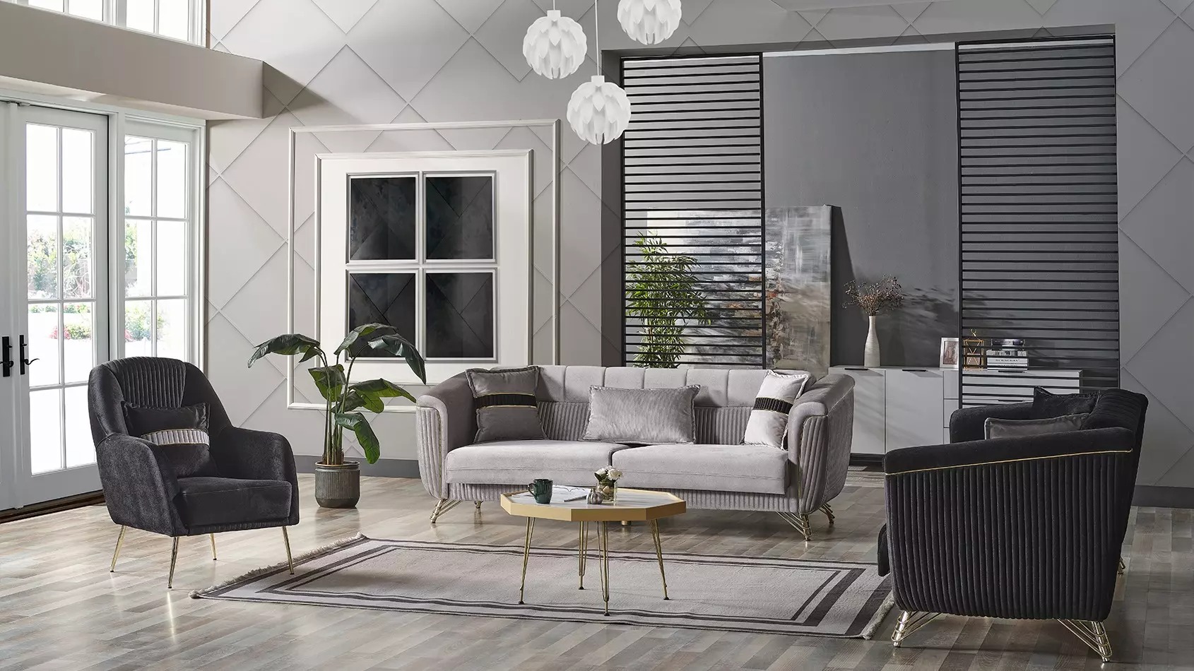 Sofagarnitur 3+3+1 Sitzer Textil Holz Sofa 3 Sitzer Sessel Komplett Set