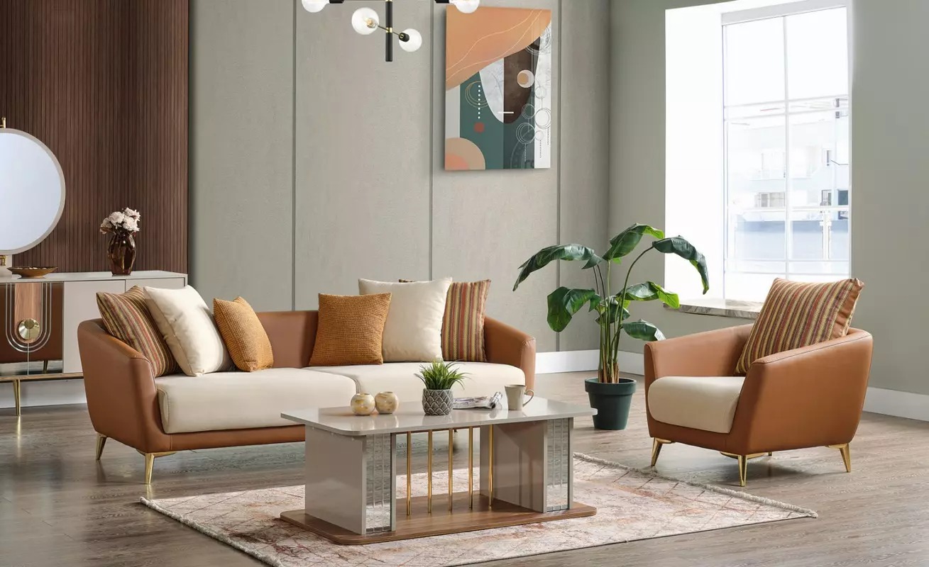 Sofagarnitur 3+1 Sitzer Textil Holz Sofa 3 Sitzer Sessel Komplett Set