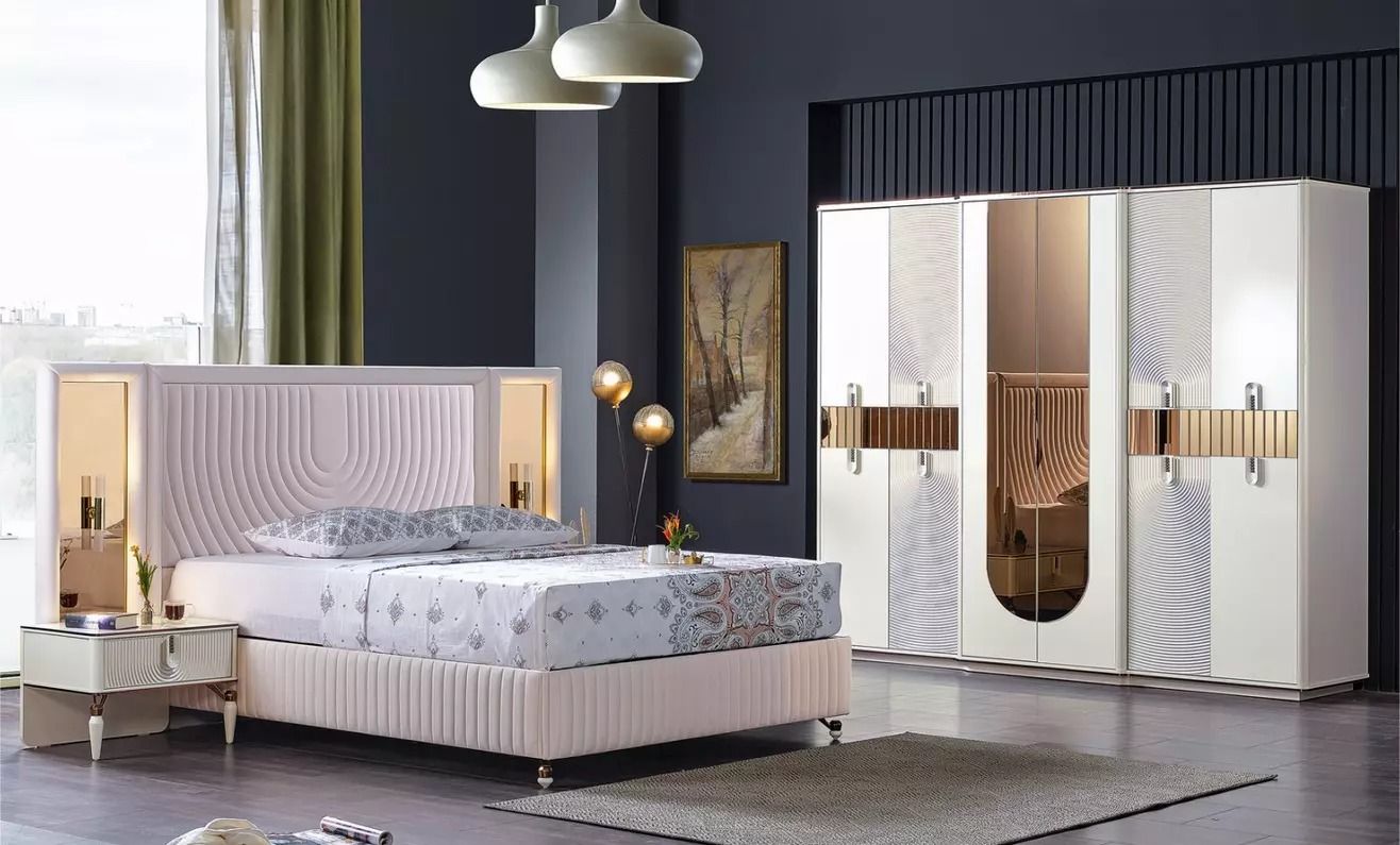 Luxus Schlafzimmer Set Bett 2x Nachttische Schrank Komplettes Modern