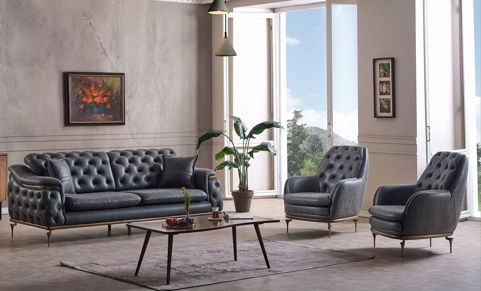 Stilvolles Chesterfield Wohnzimmer Set Couch Sofagarnitur 3+1+1 sitzer
