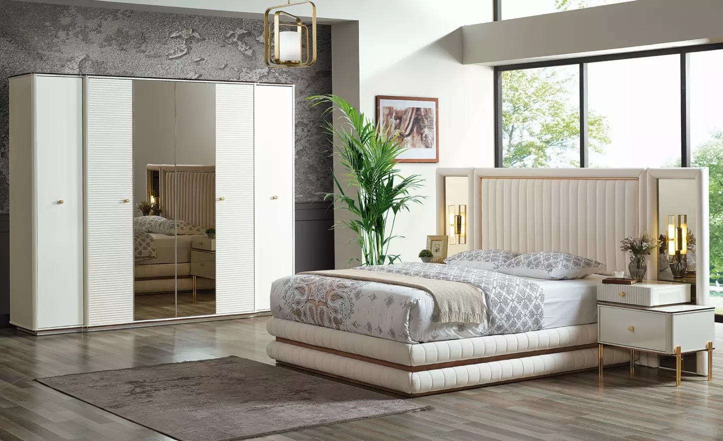 Schlafzimmer Set Bett 2x Nachttische Kleiderschrank Möbel 4 tlg. Weiss