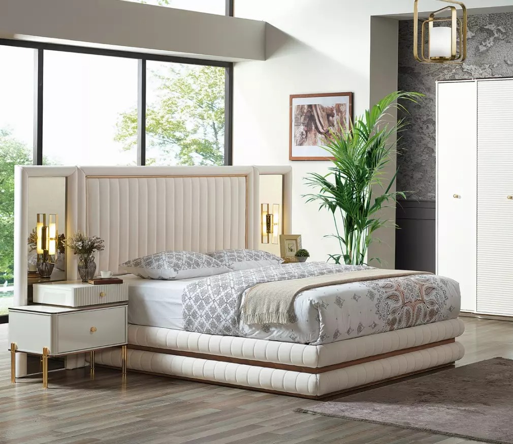 Modern Schlafzimmer Set Bett + 2x Nachttische Design 3 tlg. Weiss