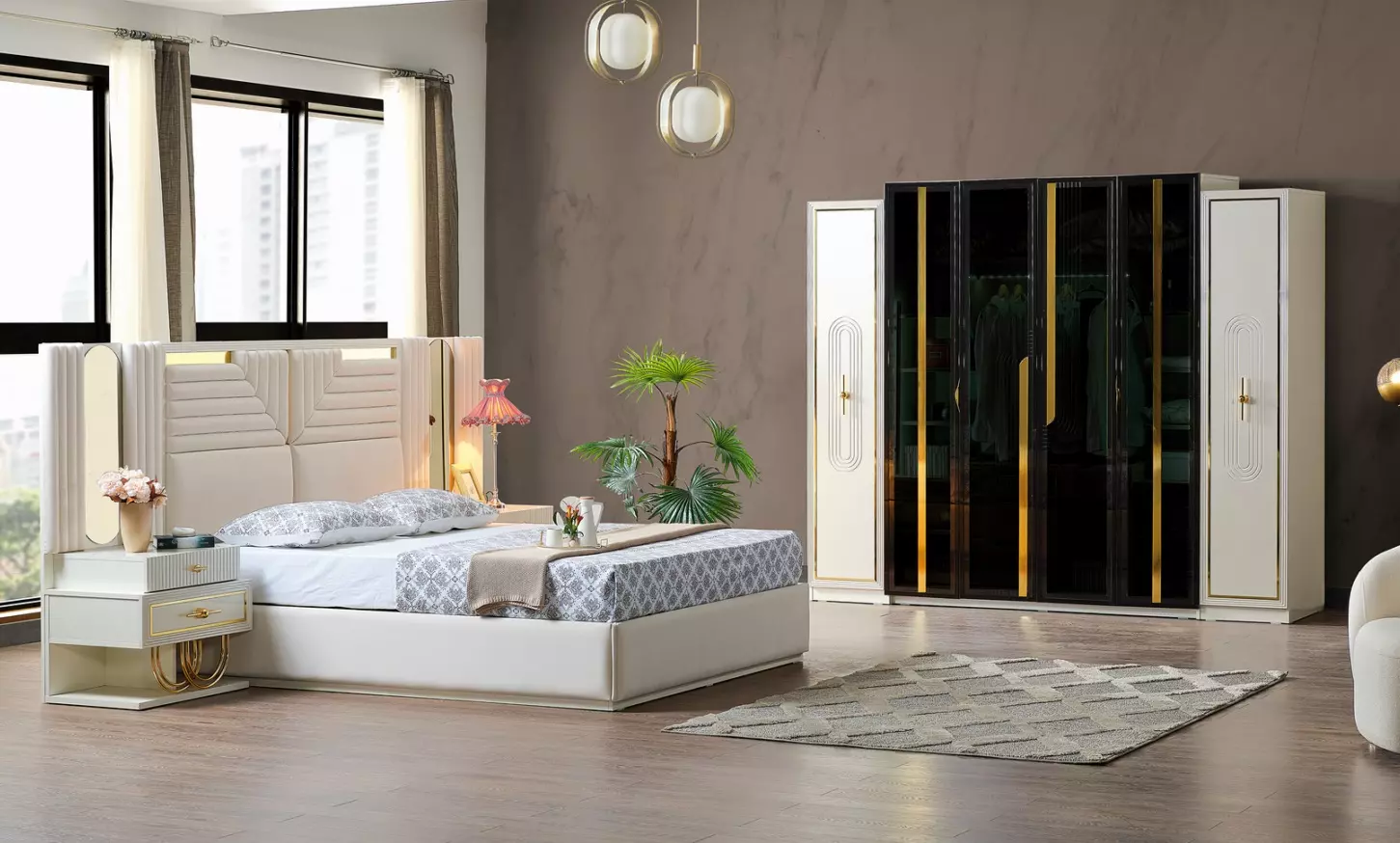 Modern Schlafzimmer Set Bett + 2x Nachttische+Kleiderschrank 4 tlg.