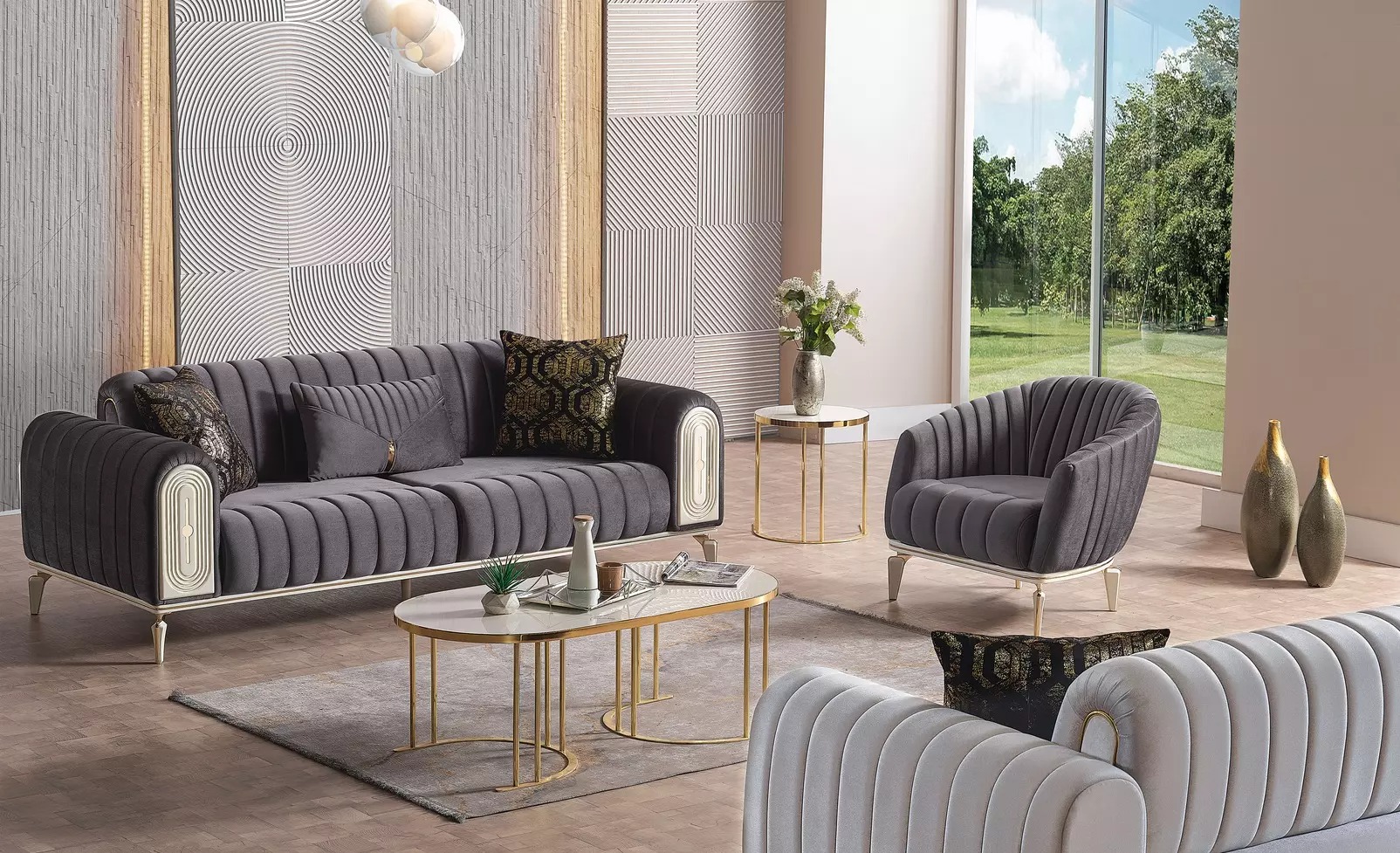 Schickes Möbel Sofagarnitur set 3+1 Couchtisch Sofas Sessel Grau