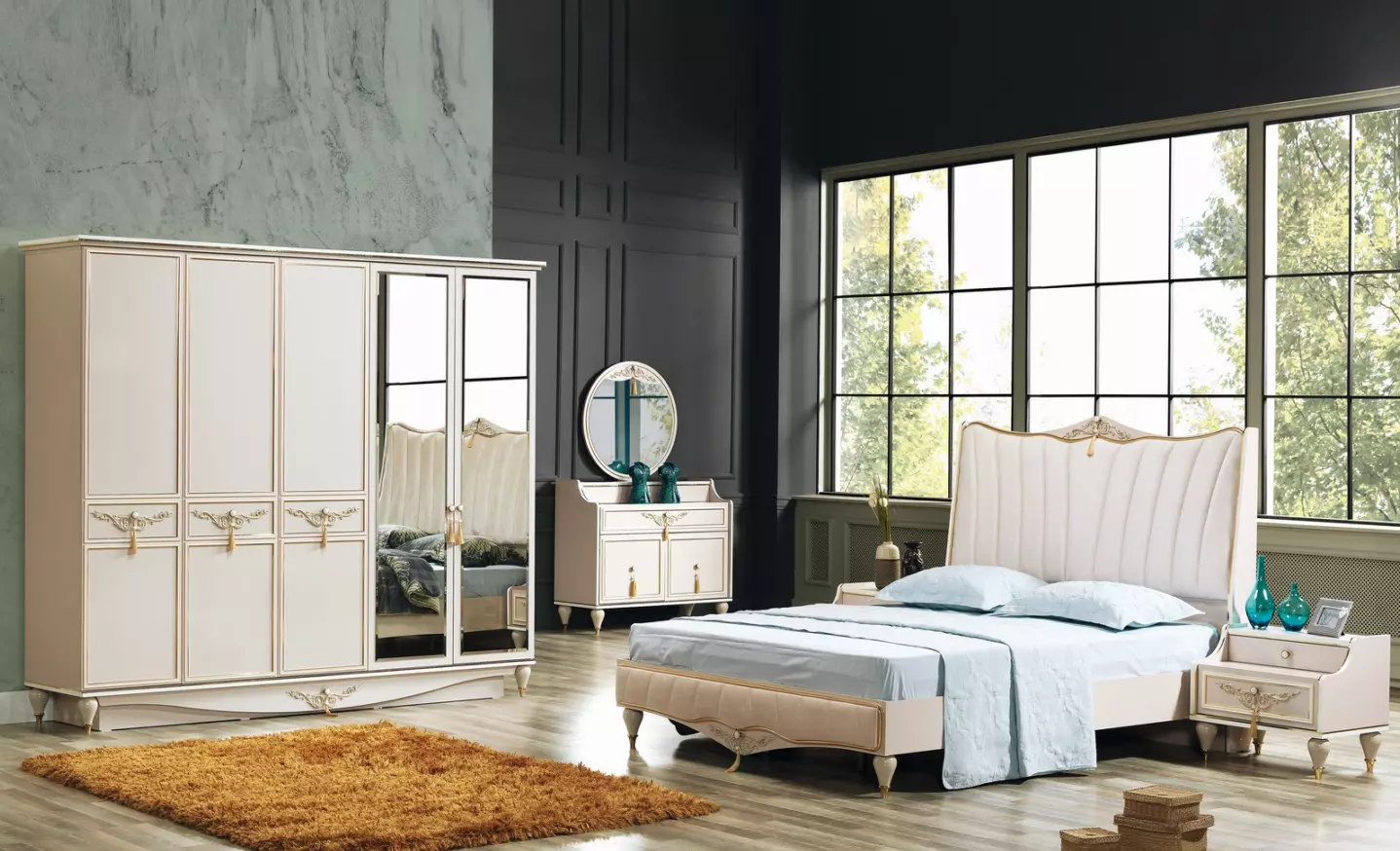 Luxus Schlafzimmer Set Bett + 2x Nachttische+Schrank+Kommode Komplettes