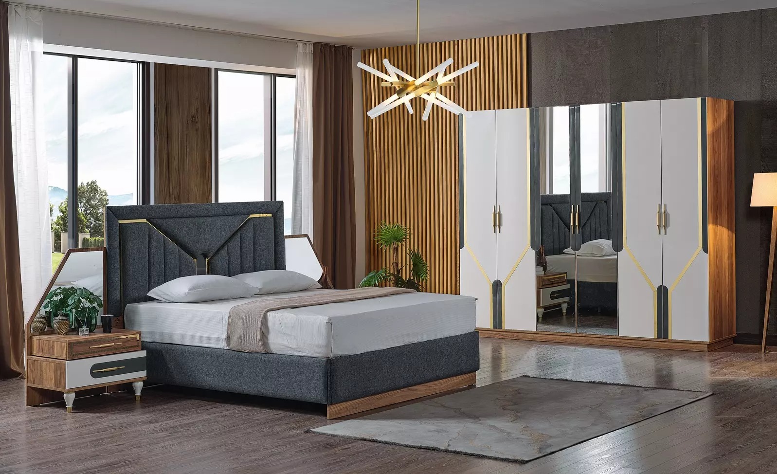 Schlafzimmer Set Bett + 2x Nachttische + Kleiderschrank Design 4 tlg.