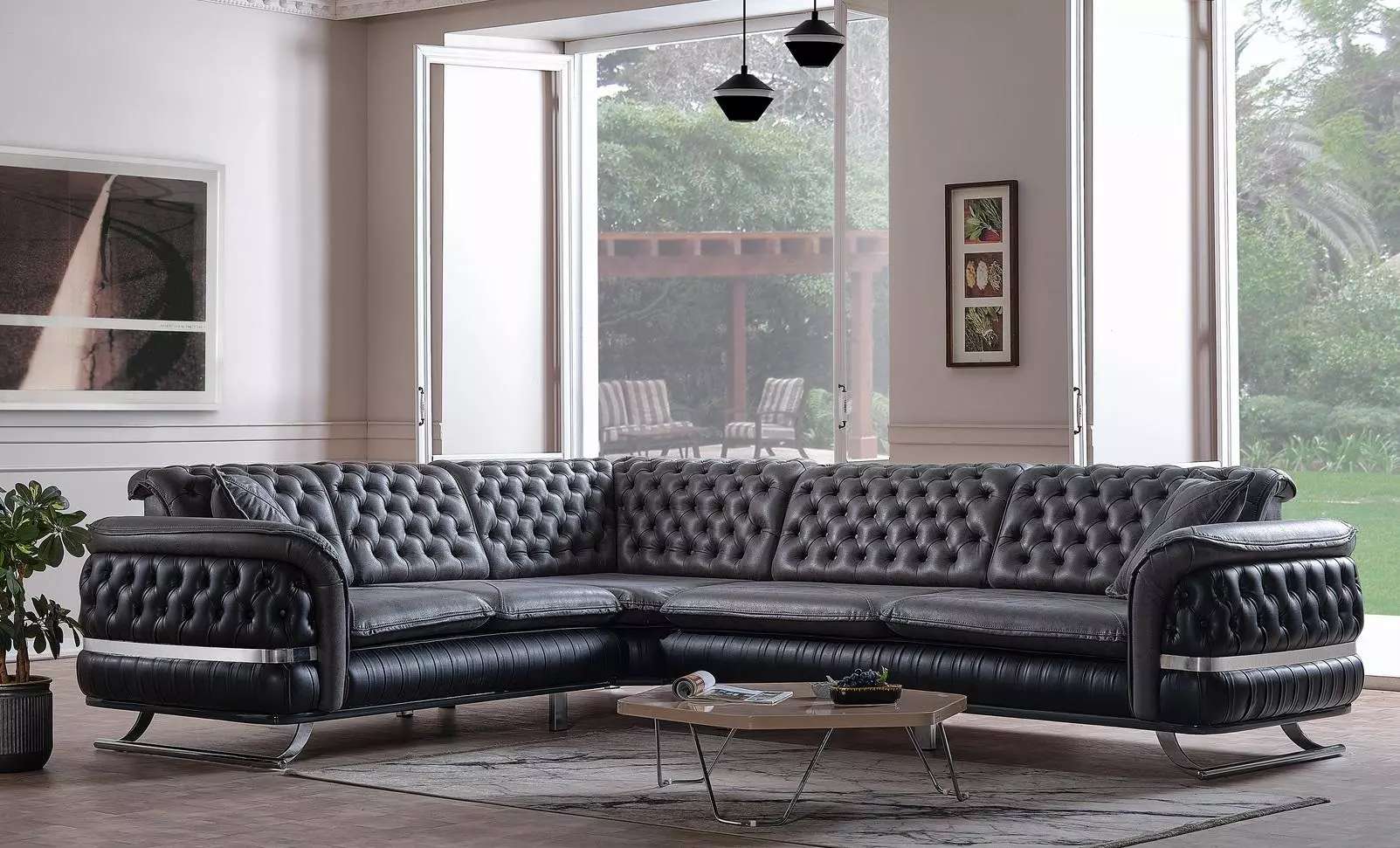 Ecksofa Wohnlandschaft Farbe Schwarz U Form XXL Sofa Neu Chesterfield
