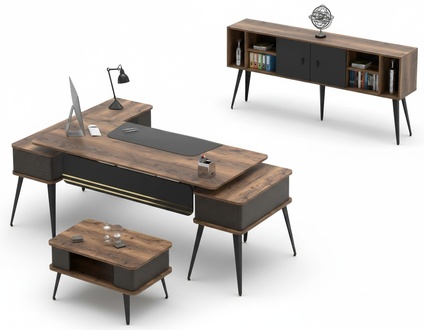 Arbeitszimmer Set Couchtisch Tisch Sideboard Holzmöbel Büro Braun Schwarz