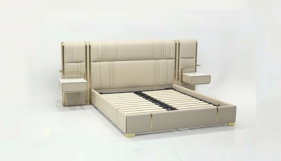 Beiges Schlafzimmer Doppelbett mit großem Kopfteil Designer Holz Betten