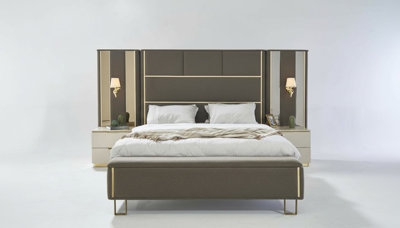 Bett Doppelbett 2x Nachttische Holz Design Betten Schlafzimmer Polster 3 tlg Set