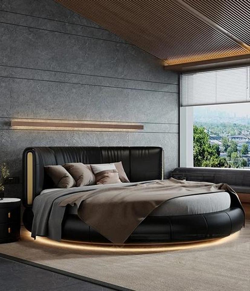Designer Schwarzes Rundbett Beleuchtungsbett Luxuriöses LED Sofort