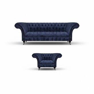Blaue Chesterfield Stoffgarnitur Wohnzimmer Polster Sitzmöbel 2tlg Set