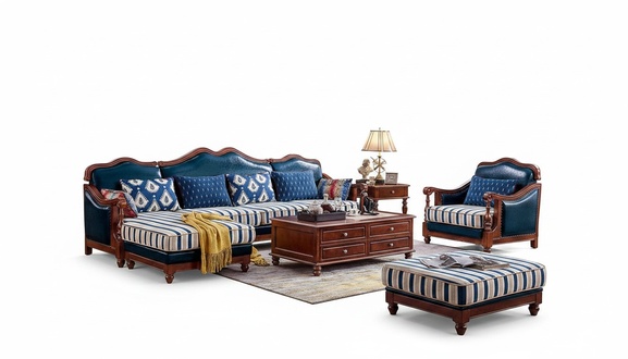 Blaue Ecksofa Couch mit Sessel Kolonial Sofa Möbel Antik Stil Sofas
