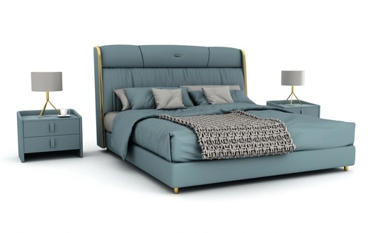 Blaues Schlafzimmer Doppelbett Designer Möbel LED-Bett Holz Textilbetten