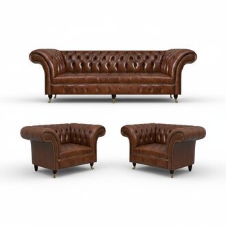 Braune Chesterfield Ledercouch Designer Ledersessel 3tlg Wohnzimmer Set