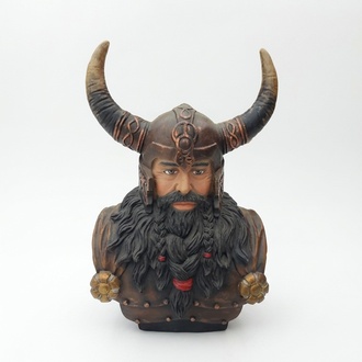 Büste Eines Kriegers in Einem Helm 70cm Hörnern Statue Wikinger Statuen