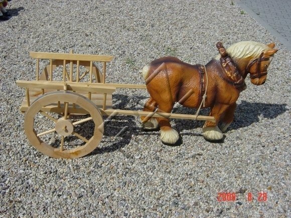 Design Pferd mit Wagen Figur Garden Statue Skulptur Figuren