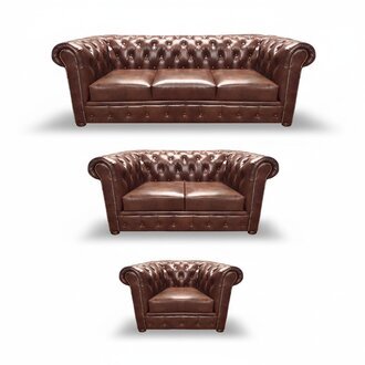 Chestefield Sofa Set Couch Leder Designer Leder Sitz Polster Braun 3tlg Neu