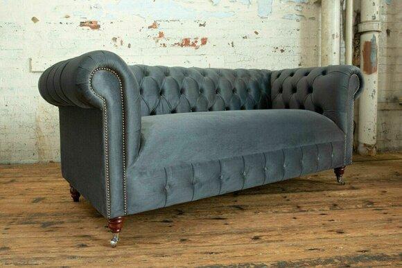 Chesterfield Klassische Graue Leder Textil Couch Sofa Sitz Polster Stoffsofas