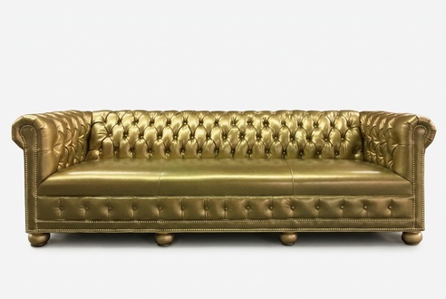 Chesterfield 4 Sitzer Sofa Couch Leder Garnitur Polster Sitz Stoff Gold