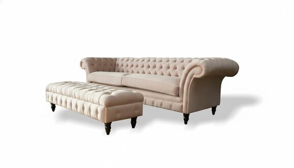 Chesterfield 4 Sitzer Hocker Pink Textil Wohnzimmerset Sofa Luxus Modern