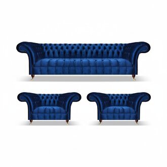 Chesterfield Blau Sofa Set 3tlg Textil Sofa Dreisitze 2x Sessel Wohnzimmer