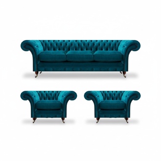 Chesterfield Blaue Couchen Polstersofas Wohnzimmer Textil Sitzmöbel 3tlg