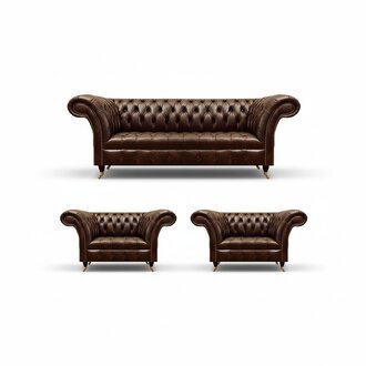 Chesterfield Braune Ledergarnitur Wohnzimmer 2x Sessel Edler 3-Sitzer