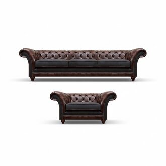 Chesterfield Braune Ledersofa Garnitur Dreisitzer Edler Polster Sessel