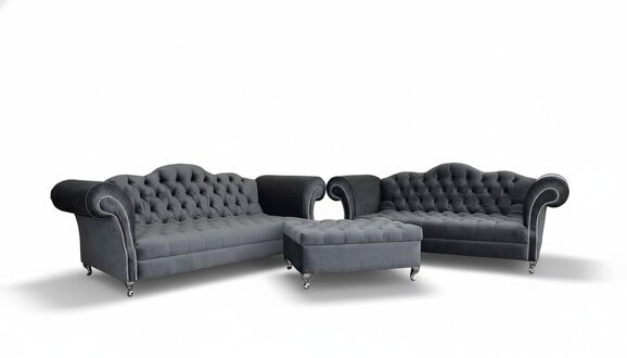 Chesterfield Designer Sofagarnitur 4+3 Hocker Couch Textil Sitz Polster