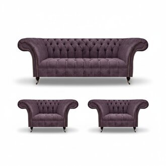 Chesterfield Dunkellila Sofagarnitur Dreisitzer 2x Textil Sessel 3tlg