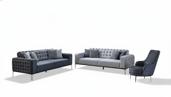 Chesterfield Graue Sofagarnitur Wohnzimmer Couchen Dreisitzer+Sessel