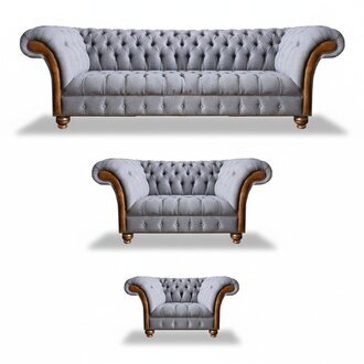 Chesterfield Hellgraue Polster Sofagarnitur Textil Designer 3tlg Set