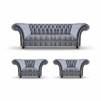 Chesterfield Hellgraue Sofagarnitur Edler Polster Dreisitzer 2x Sessel