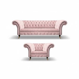 Chesterfield Rosa Komplett 2tlg Dreisitze Sofa Luxus Sessel Polstermöbel
